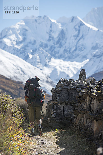 Wanderung vorbei an einer traditionellen Mani-Steinmauer im Langtang-Tal mit Blick auf den Ganchempo in der Ferne  Langtang-Region  Himalaya  Nepal  Asien