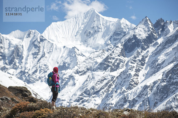 Eine Frau beim Trekking im Langtang-Tal mit Blick auf den Ganchempo in der Ferne  Langtang-Region  Himalaya  Nepal  Asien