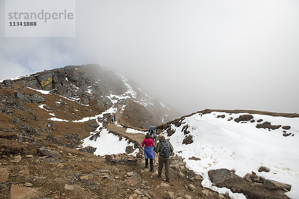 Wanderung im Nebel auf dem Weg zwischen Sian Gompa und Gosainkund in der Langtang-Region  Himalaya  Nepal  Asien