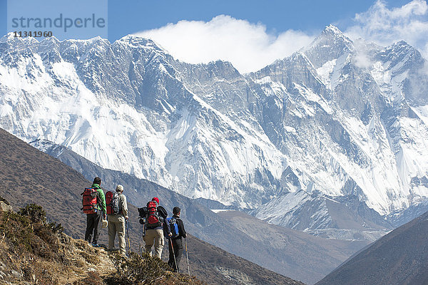 Wanderer blicken auf den Everest  den entfernten Gipfel links  mit Nuptse und Lhotse  Khumbu-Region  Himalaya  Nepal  Asien