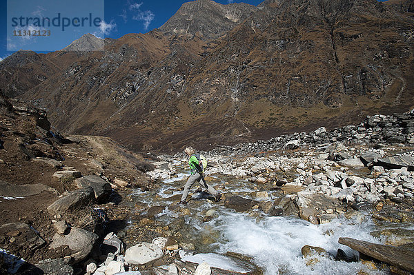 Trittsteine und Bach auf dem Weg im Kagmara-Tal  einem weniger ausgetretenen Pfad  Dolpa  Nepal  Asien