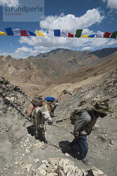 Die hohen Pässe haben sowohl für die Einheimischen als auch für die Menschen aus der Ferne eine spirituelle Bedeutung  Prinkiti La  Ladakh  Indien  Asien