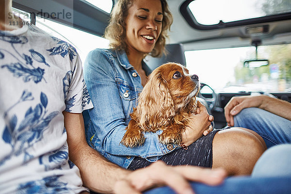 Fröhliche Freunde mit Hund sitzen im Auto