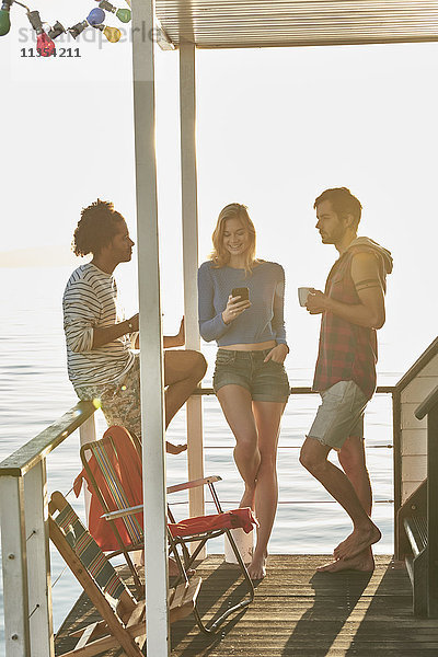 Junge erwachsene Freunde  die auf einem sonnigen Sommerhausboot rumhängen.