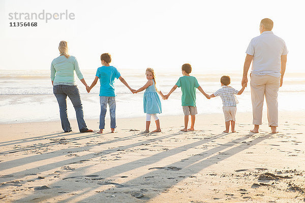 Rückansicht der Familie am Strand beim Händchenhalten