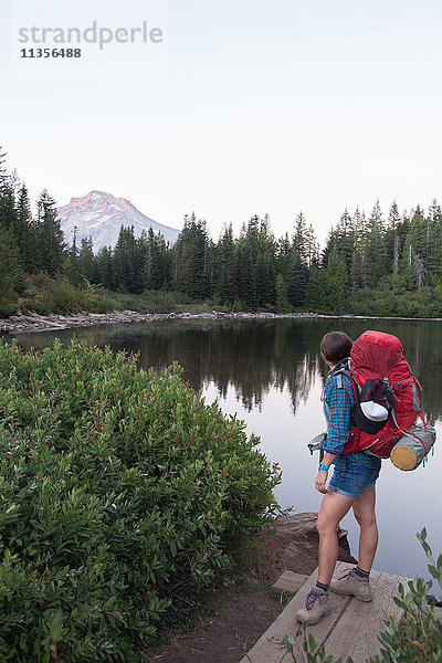 Junge Wanderin mit Blick auf den See  Mount Hood National Forest  Oregon  USA