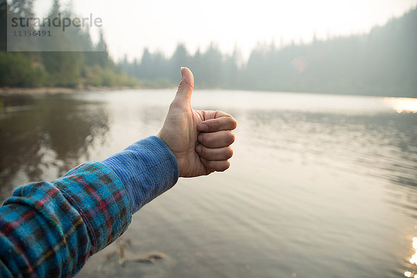 Weibliche Hand  die über einem nebligen See den Daumen nach oben streckt  Mount Hood National Forest  Oregon  USA