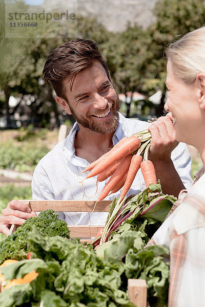 Reifes Ehepaar hält Kiste mit frischem Gemüse im Garten