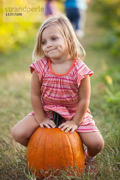 Porträt eines jungen Mädchens  auf einem Kürbis sitzend