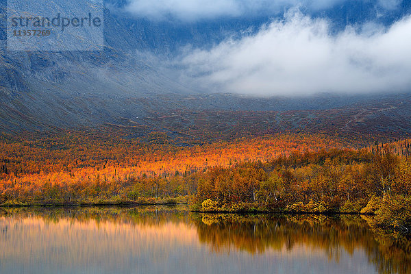 Herbstliche Farbe und niedrige Wolken am Maliy Vudjavr See  Khibiny-Gebirge  Kola-Halbinsel  Russland