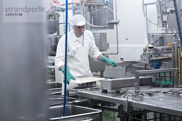 Männlicher Arbeiter in einer Fabrik zur Herstellung von Bio-Tofu