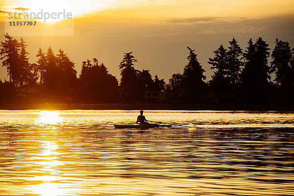 Silhouette eines Mannes beim Rudern eines einzelnen Schädels auf dem Puget Sound bei Sonnenuntergang  Winslow  Bainbridge Island  Bundesstaat Washington  USA