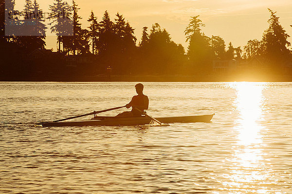 Silhouette eines Mannes beim Rudern eines einzelnen Schädels auf dem Puget Sound bei Sonnenuntergang  Winslow  Bainbridge Island  Bundesstaat Washington  USA