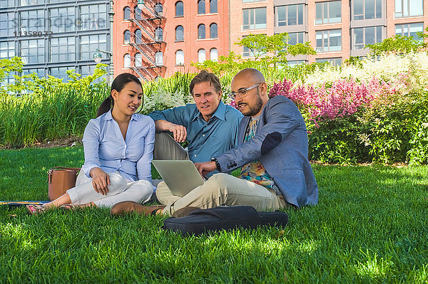Geschäftsleute  die draußen auf dem Rasen sitzen und einen Laptop benutzen