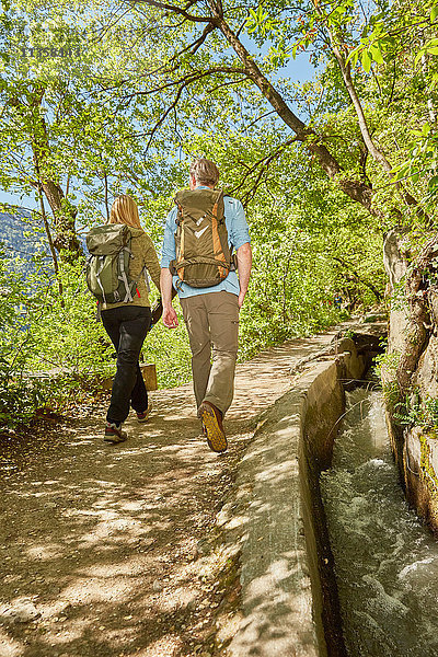 Älteres Paar wandert entlang der Landstraße  Rückansicht  Meran  Südtirol  Italien