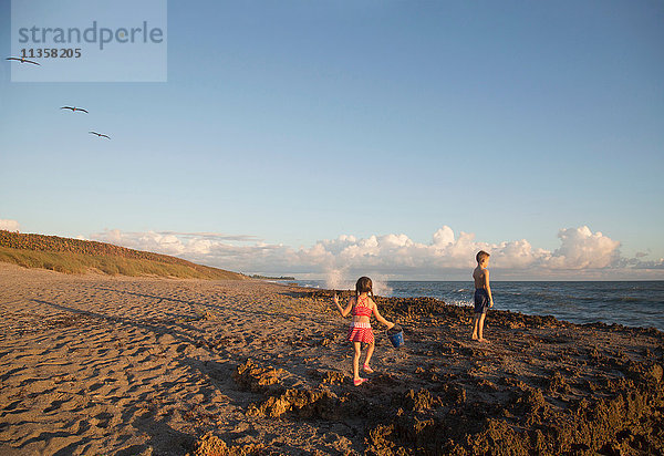 Mädchen und Bruder spielen am Strand  Blowing Rocks Preserve  Jupiter Island  Florida  USA