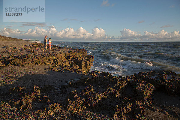 Junge und Schwester beobachten Meereswellen  Blowing Rocks Preserve  Jupiter Island  Florida  USA