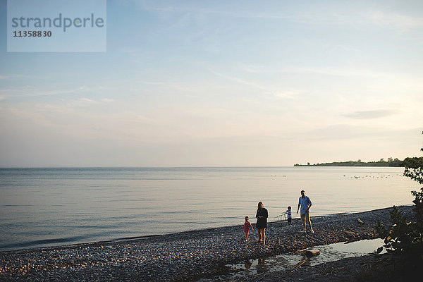 Mittlere erwachsene Eltern spazieren mit Jungen und Mädchen am Kieselsteinstrand des Ontariosees  Oshawa  Kanada
