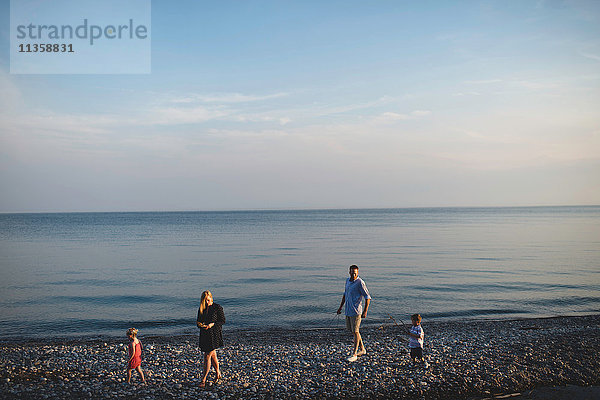 Mittlere erwachsene Eltern spazieren mit Jungen und Mädchen am Kieselsteinstrand des Ontariosees  Oshawa  Kanada