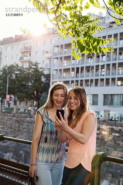 Zwei erwachsene Freundinnen lesen Smartphone-Texte in der Stadt  Wien  Österreich