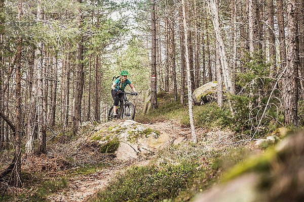 Mountainbike-Frau im Wald  Bozen  Südtirol  Italien