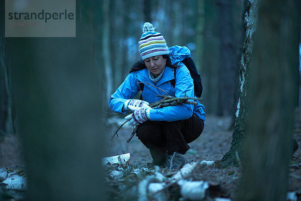 Weibliche Wanderin sammelt Zweige im Wald