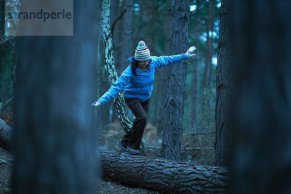 Wanderin balanciert auf umgestürztem Baum im Wald