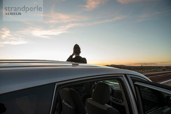 Rückansicht einer silhouettierten Frau beim Sonnenuntergang  Mojave-Wüste  Kalifornien  USA