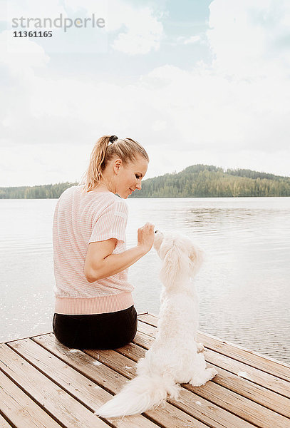 Frau streichelt Hund Coton de tulear am Seepier  Orivesi  Finnland