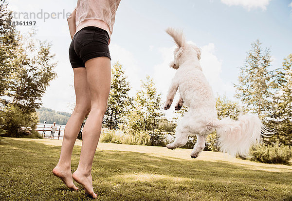 Frau springt mit coton de tulear Hund im Garten  Orivesi  Finnland