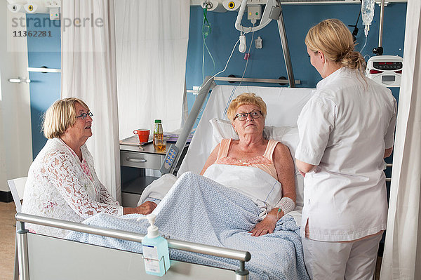 Krankenschwester und Besucher  die den Patienten im Krankenhausbett betreuen