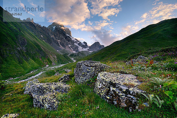 Ländliche Landschaft  Uschba-Berg im Hintergrund  Kaukasus  Swaneti  Georgien