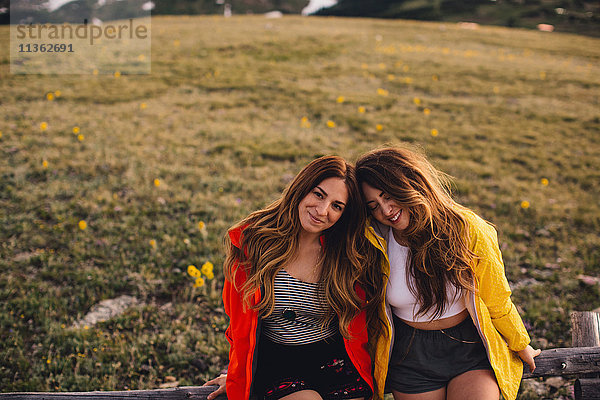 Freunde sitzen Seite an Seite und schauen lächelnd in die Kamera  Rocky Mountain National Park  Colorado  USA