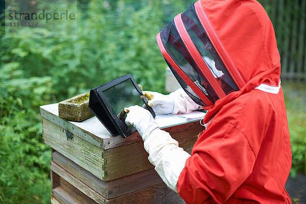 Imker steht neben dem Bienenstock und verwendet digitales Tablett