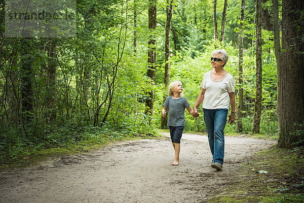Grossmutter und Enkel gehen im Wald und halten sich an den Händen