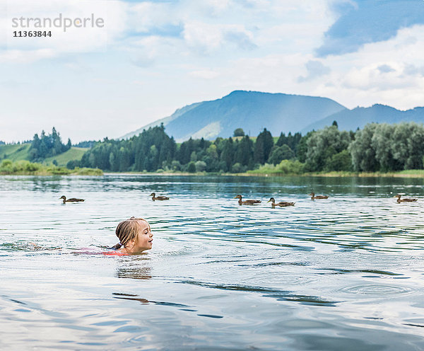 Mädchen schwimmt im See  Füssen  Bayern  Deutschland