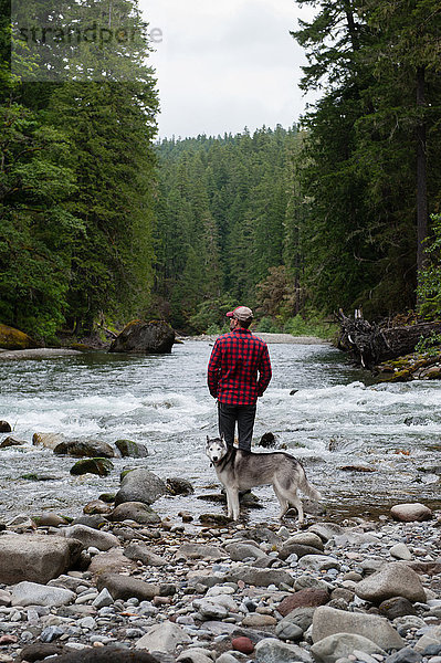 Rückansicht eines Mannes mit Hund am Flussufer mit Blick weg  Packwood  Washington  USA