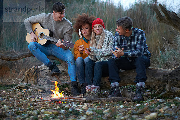 Vier junge erwachsene Freunde spielen Gitarre am Lagerfeuer am Strand in der Abenddämmerung