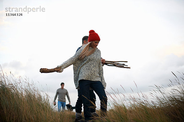 Junge Erwachsene sammeln Treibholz in Küstendünen