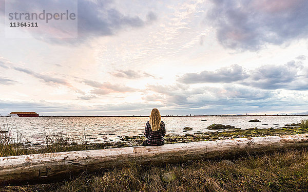 Rückansicht einer auf einem Baumstamm sitzenden Frau  die in der Abenddämmerung vom Wreck Beach aus auf den Strand schaut  Vancouver  Kanada