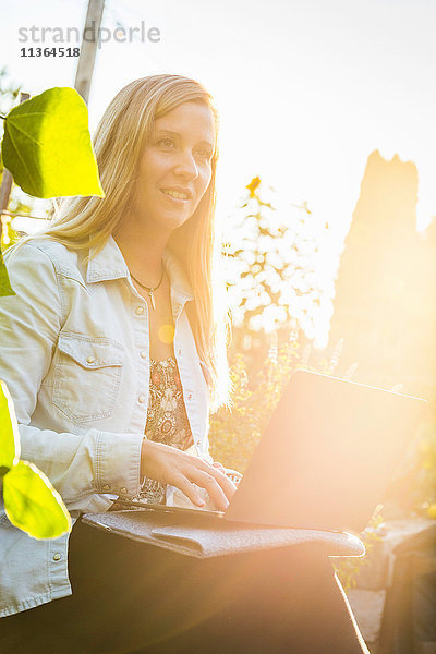 Sonnenbeschienene Frau beim Tippen am Laptop im Gemeinschaftsgarten  Vancouver  Kanada