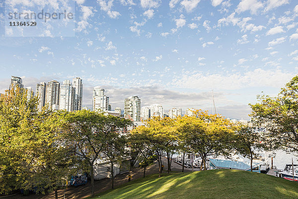 Erhöhte Ansicht des Parks und der Stadtsilhouette von Granville Island  Vancouver  Kanada