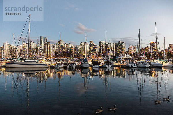 Blick auf Hafenboote und Stadtsilhouette in der Abenddämmerung  Vancouver  Kanada