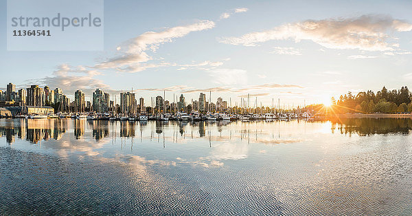 Yachthafen und Stadtsilhouette bei Sonnenuntergang  Vancouver  Kanada