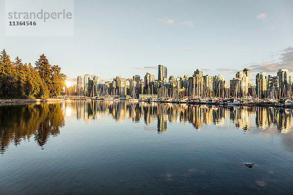 Blick auf die Skyline der Stadt und den Yachthafen bei Sonnenuntergang  Vancouver  Kanada