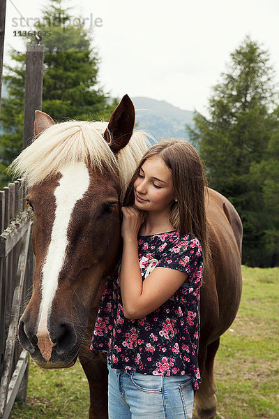 Mädchen streichelt Palomino-Pferd im Feld  Sattelbergalm  Tirol  Österreich