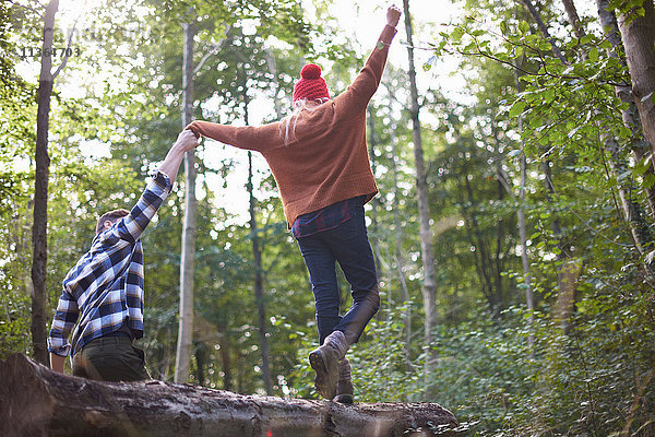 Paar im Wald hält Hände und balanciert auf umgestürztem Baum
