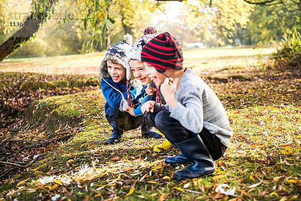 Drei kleine Jungen  im Freien spielend  im Herbstlaub kauernd