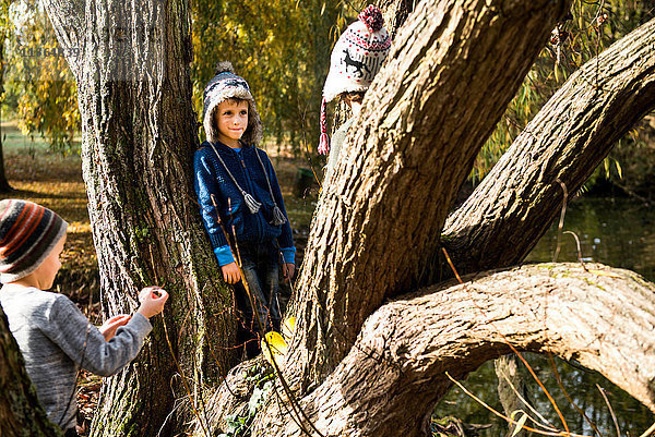 Drei kleine Jungen  an einen Baum gelehnt