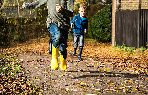 Drei Jungen  die im Herbst den Pfad entlang laufen  niedriger Abschnitt